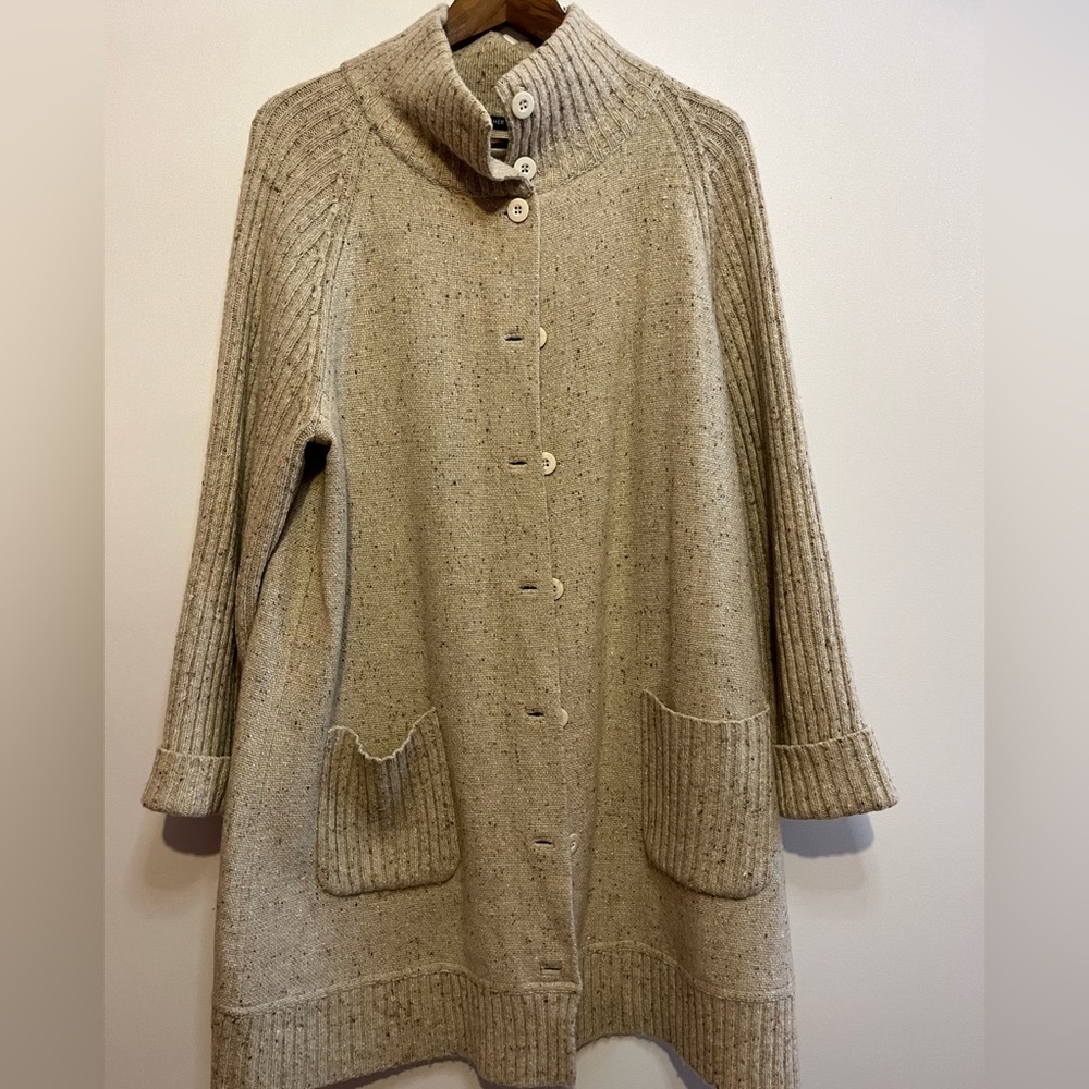 Eileen Fisher Longline Ribbed Lambswool Blend Cardigan Sweater, ,Size L